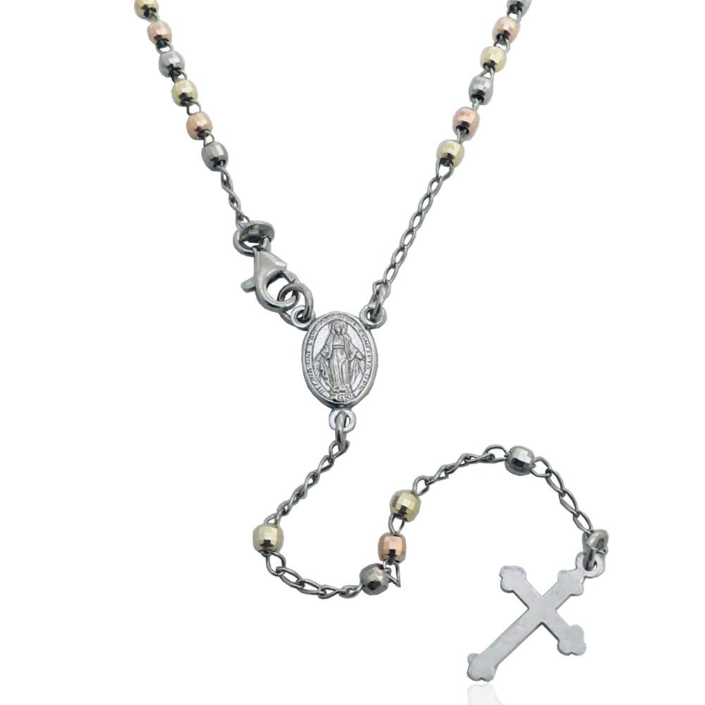 Collana rosario con pallina faccettata da 3 mm placcata rodio, oro giallo e rosa cm 50 in argento 925