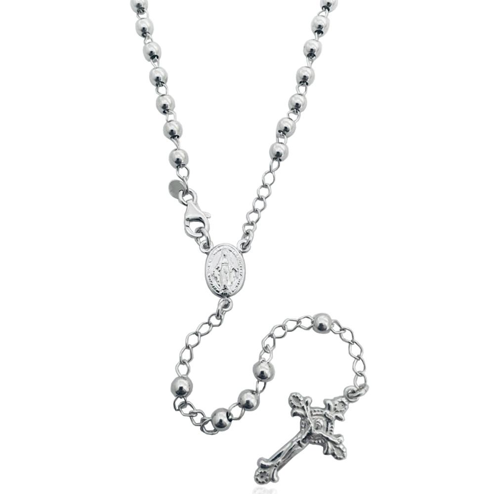 Collana rosario cm 45 in argento 925 rodiato con pallina liscia mm 4 e con madonna miracolosa e crocifisso microfuso