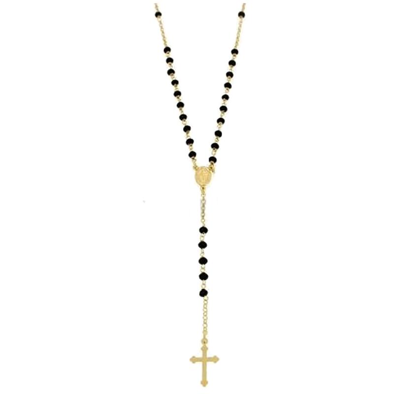 Collana rosario cm 48 in argento 925 placcato oro giallo con pietre nere faccettate mm 3,5