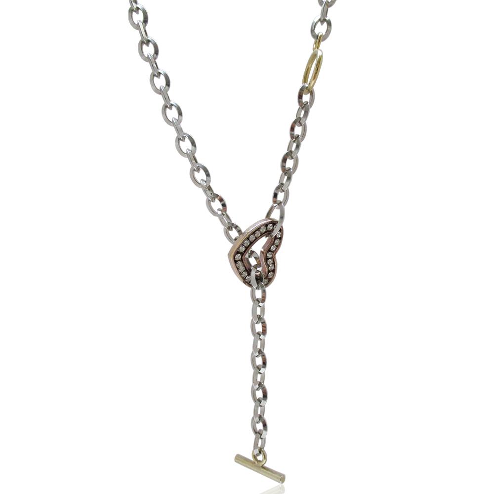 Collana saliscendi cm 45 con maglia a catena rolo' in acciaio anallergico con ciondolo a cuore con strass bianchi