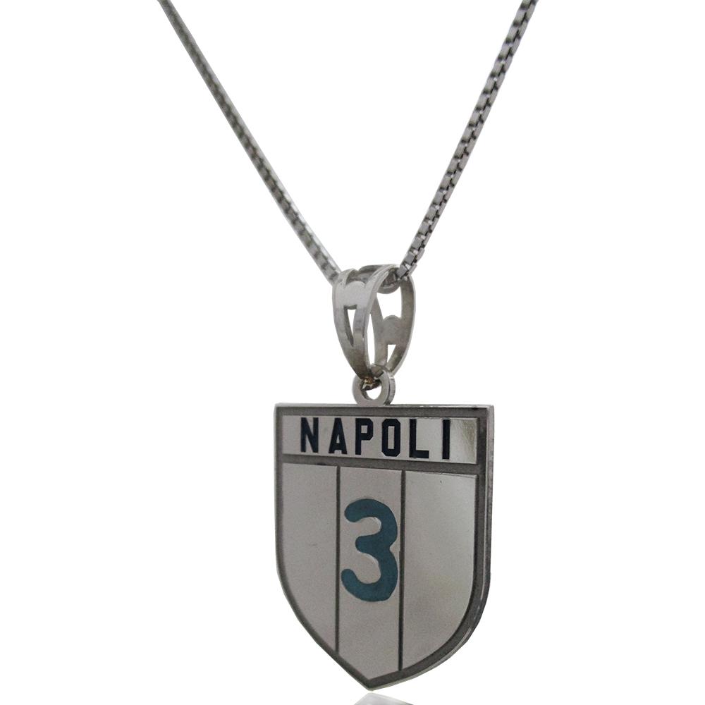 Collana 3° scudetto napoli in argento massiccio 925 rodiato a maglia veneziana cm 50 e smalti a fuoco