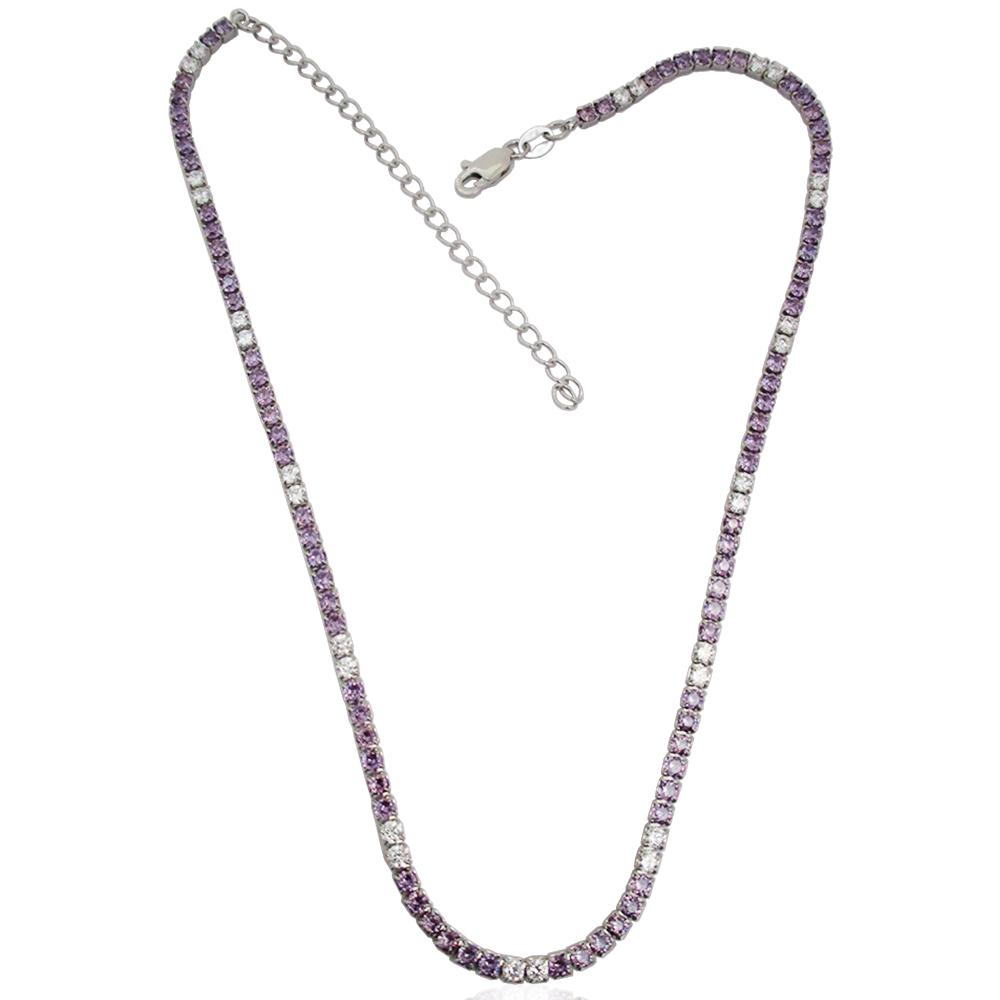 Collana tennis mm 2,5 in argento 925 rodiato con zirconi bianchi e viola cm 42