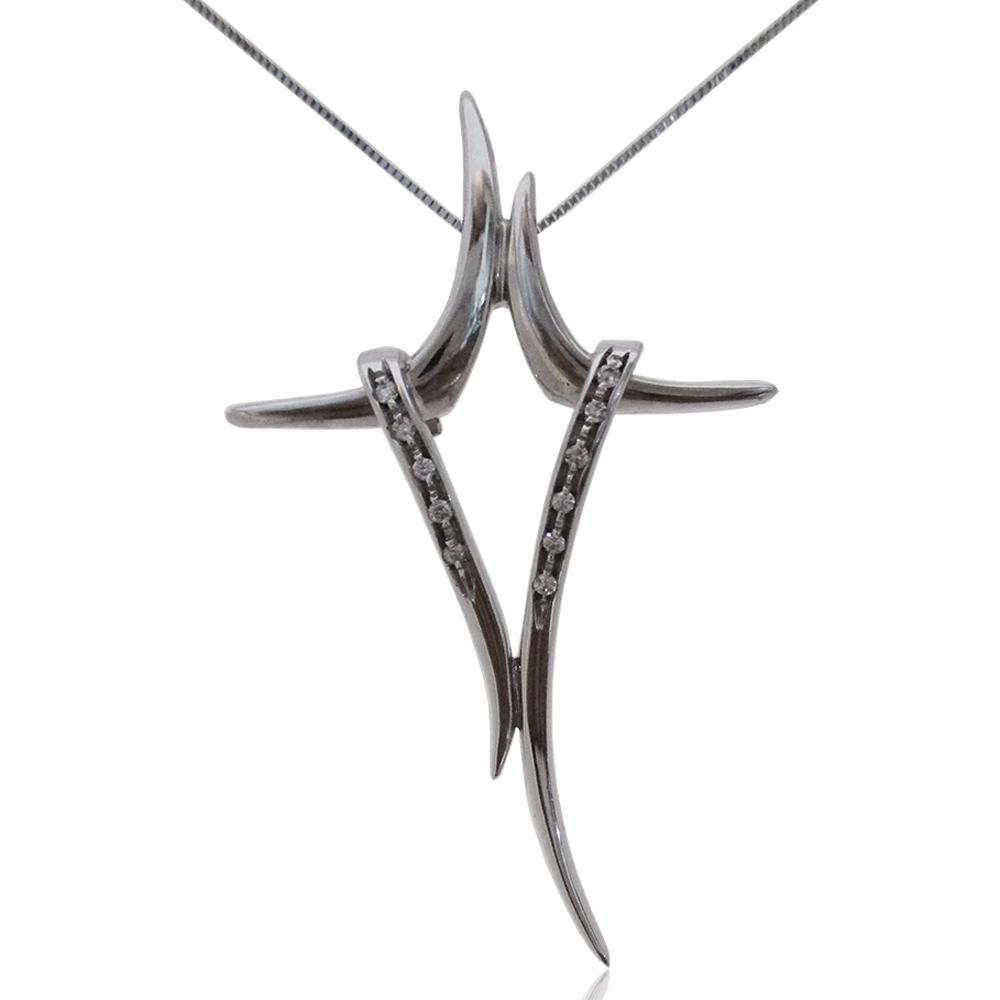 Collier con ciondolo croce stilizzato in oro bianco con diamanti naturali ct. 0,08