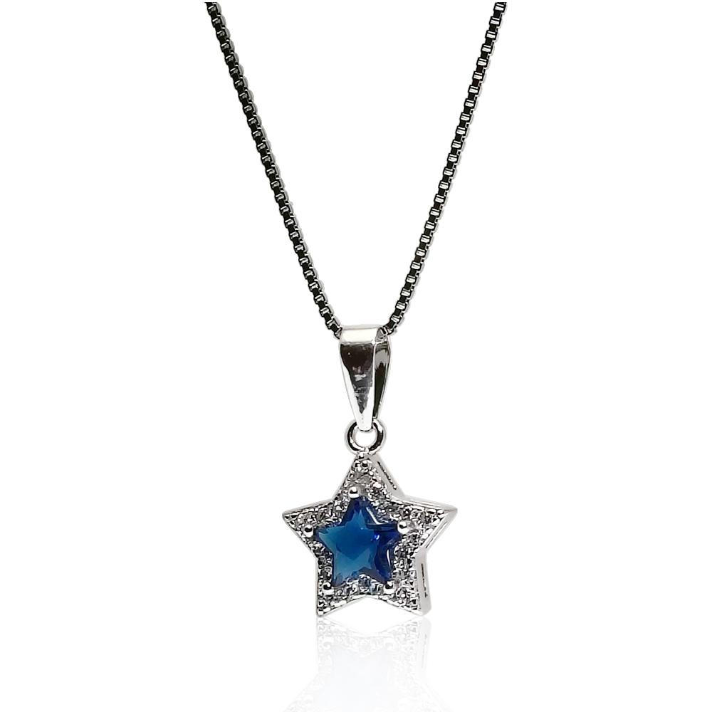 Collana a maglia veneziana con ciondolo stella mm 14x12 in argento 925 rodiato con zirconi bianchi e centrale blu
