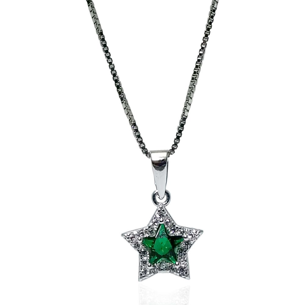 Collana a maglia veneziana con ciondolo stella mm 14x12 in argento 925 rodiato con zirconi bianchi e centrale verde