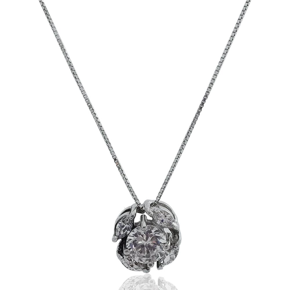 Collier a maglia veneziana con ciondolo fiore in argento 925 rodiato e zirconi bianchi