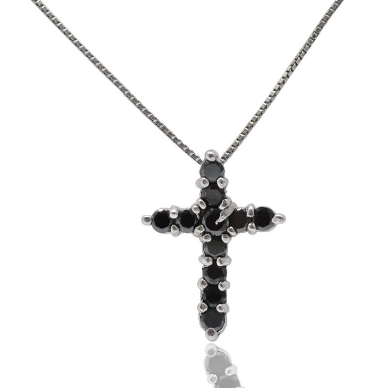 Collona in argento 925 rodiato cm 55 con ciondolo croce mm 20x15 con zirconi neri 
