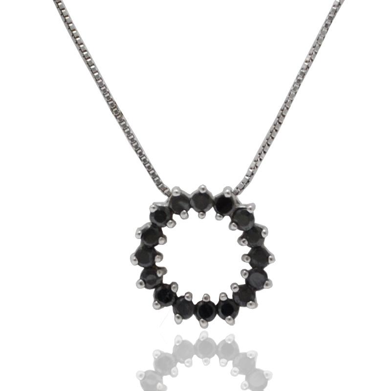 Collier in argento 925 rodiato cm 45 con ciondolo tondo con zirconi neri mm 17