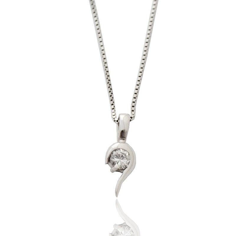 Collier cm 54 argento 925 rodiato con punto luce virgola mm 15x5 con zircone bianco in taglio brillante mm 3
