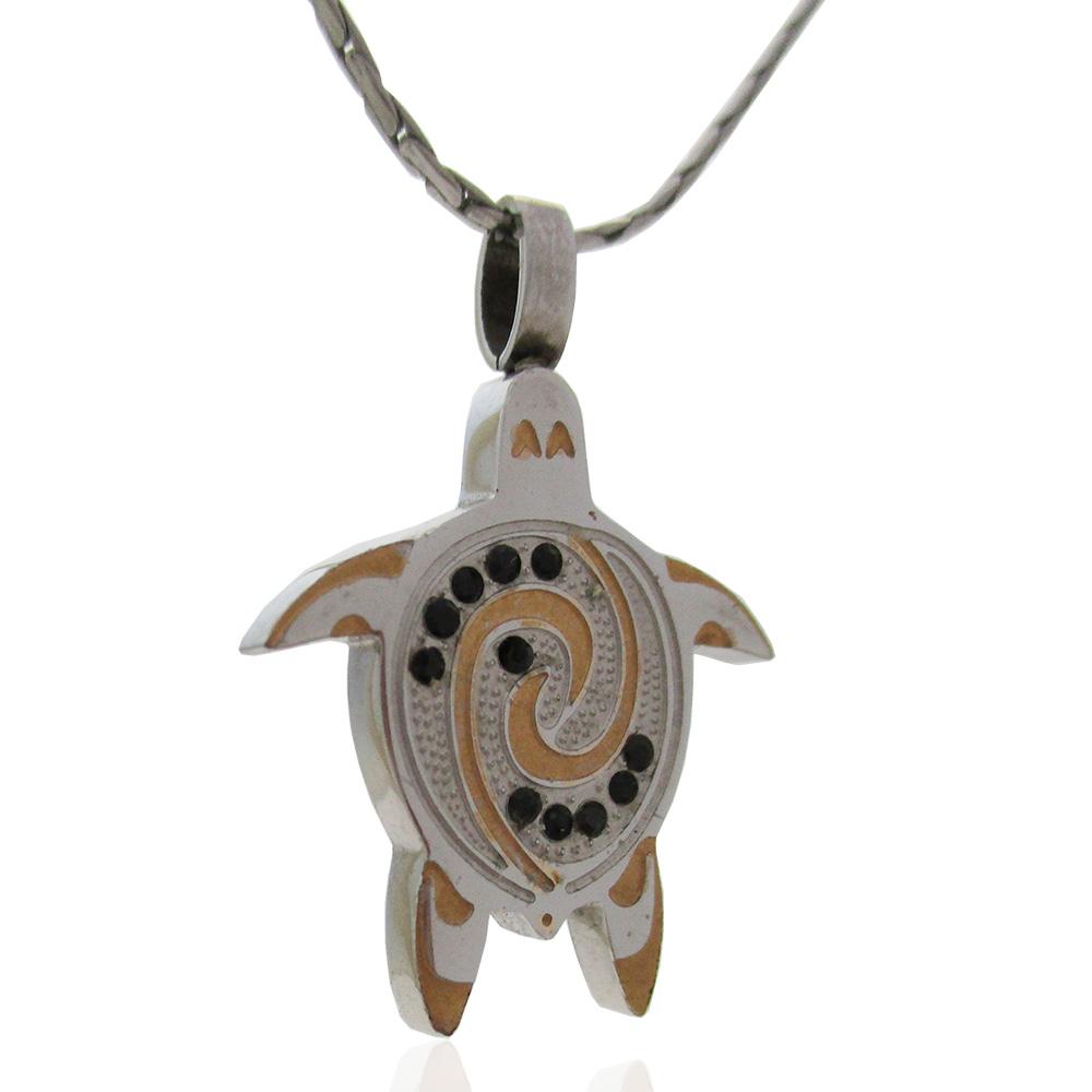 Collier cm 45 con ciondolo tartaruga da personalizzare mm 28x20 in acciaio bicolore bianco-rame e strass neri