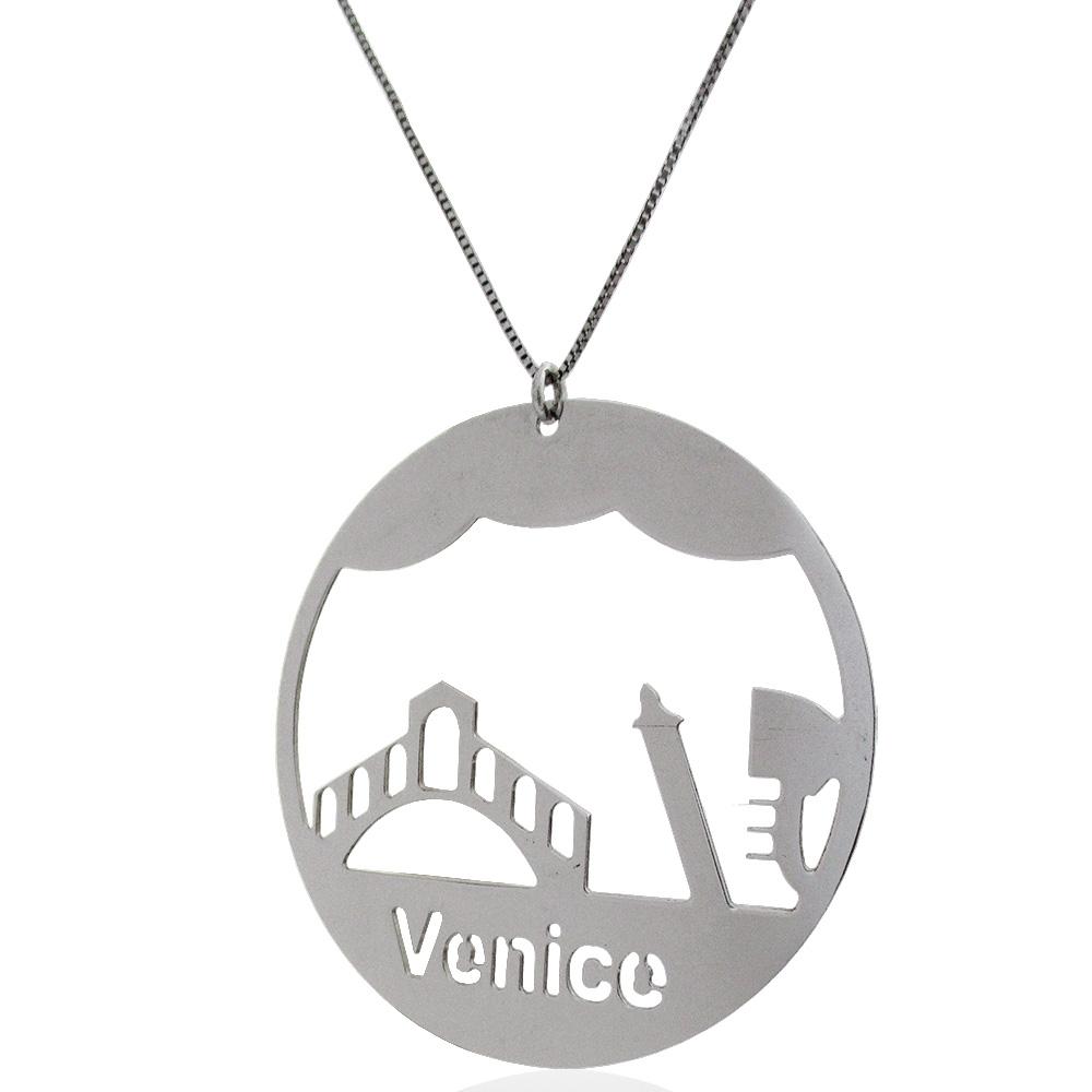 Collier in argento 925 rodiato con ciondolo tondo taglio laser con monumenti simboli e scritta venezia