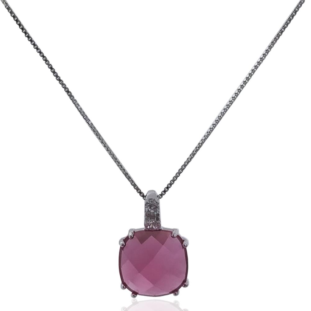 Collier in argento 925 rodiato con ciondolo quadrato con zirconi bianchi e pietra idrotermale rosa-viola
