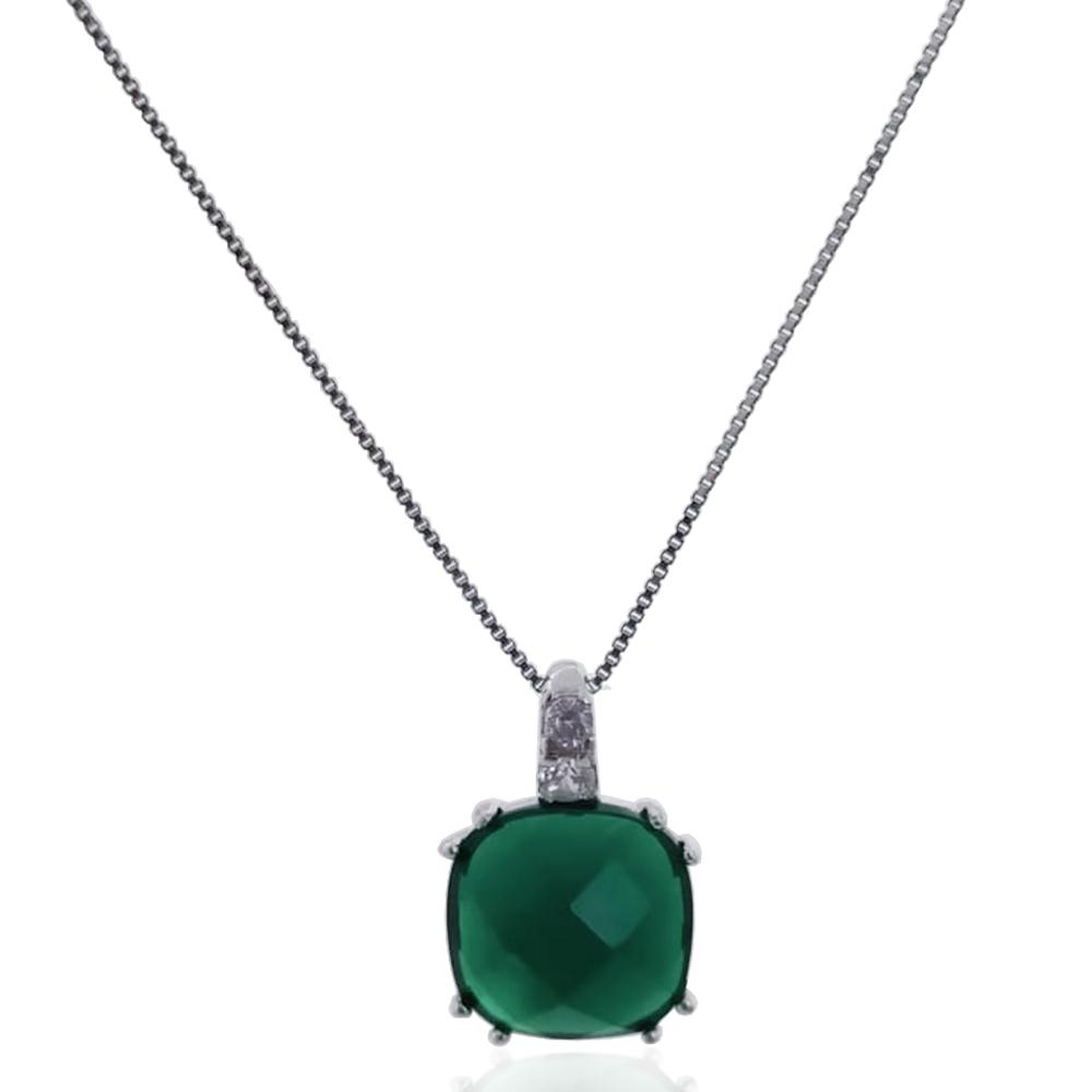 Collier in argento 925 rodiato con ciondolo quadrato con zirconi bianchi e pietra idrotermale verde