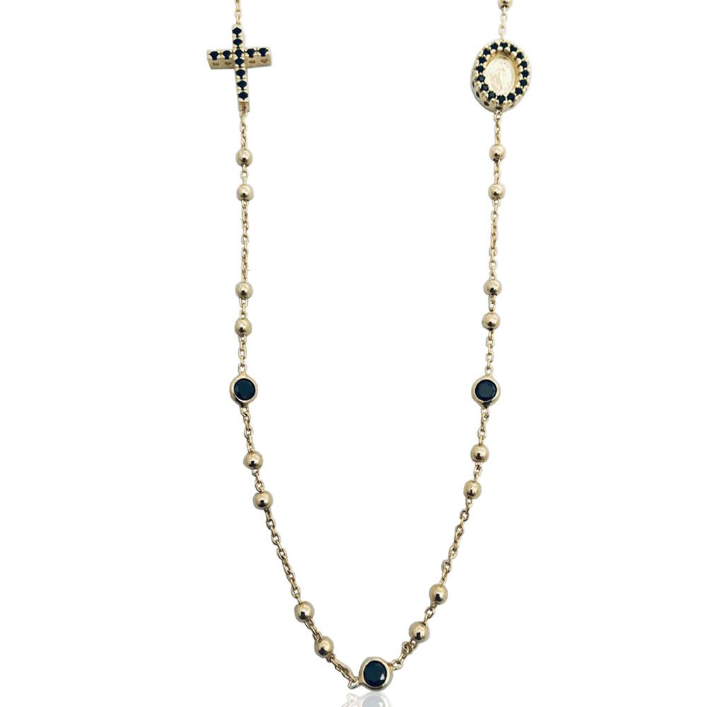 Collier a rosario cm 45 in argento 925 placcato oro giallo con croce, madonna e tramezzi con zirconi neri