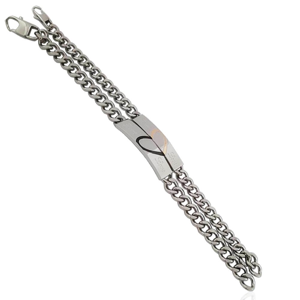 Coppia bracciali per lei per lui real love a maglia grumetta con targa con cuore