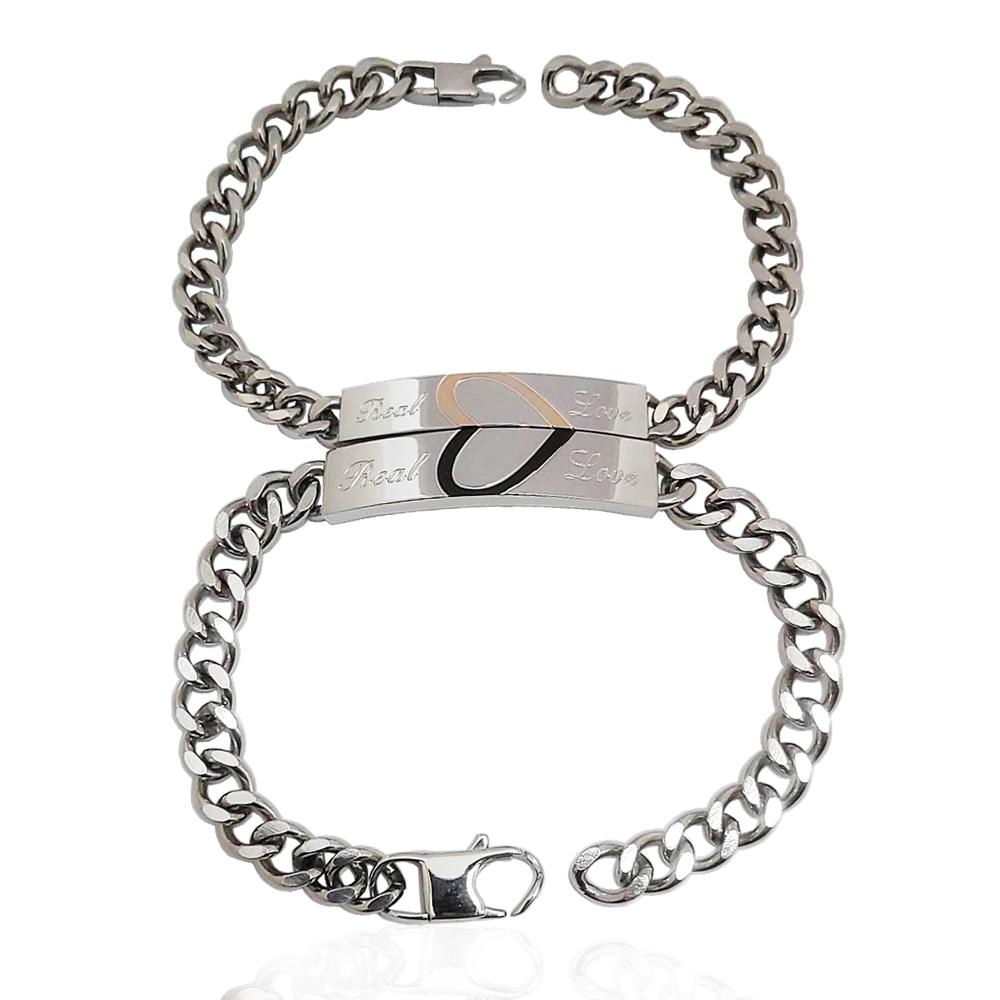 Coppia bracciali per lei per lui real love a maglia grumetta con targa con cuore
