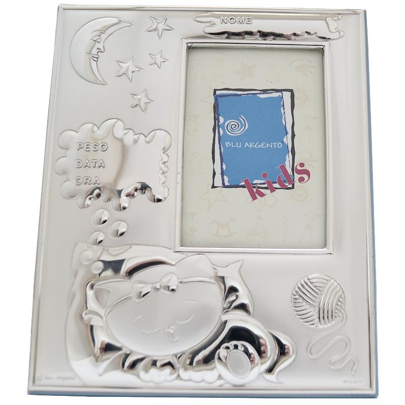 Cornice portafoto nascita da personalizzare retro in legno e argento gattino che dorme