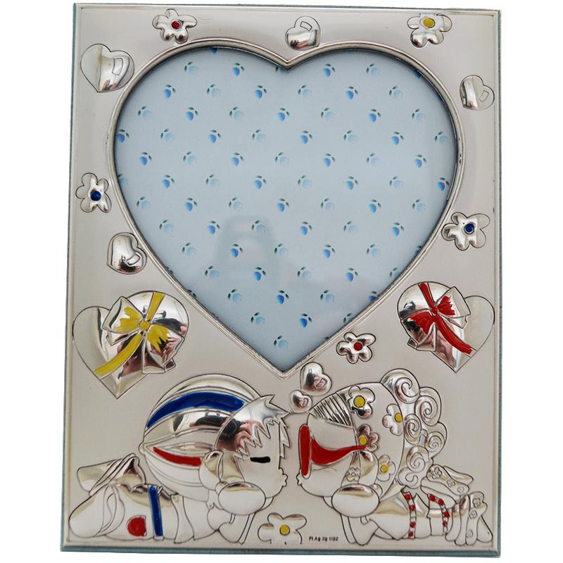 Cornice prima infanzia in argento con retro in legno celeste bambini innamorati