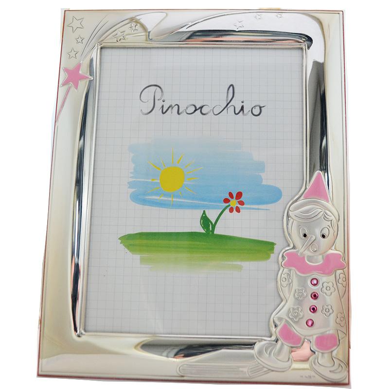 Cornice portafoto pinocchio in legno rosa laccato argento e strass 23x18. cornici prima infanzia