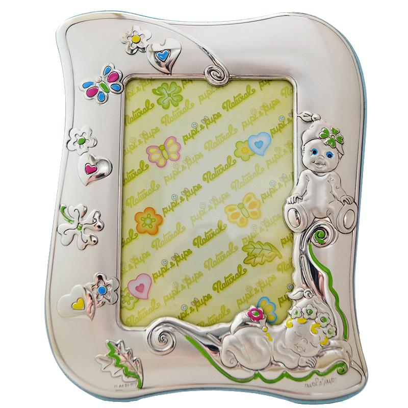 Cornice prima infanzia neonati in legno celeste e argento e smalti 20x16