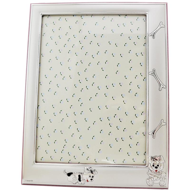Cornice portafoto cagnolini con osso in legno rosa e argento 21x17. cornici prima infanzia