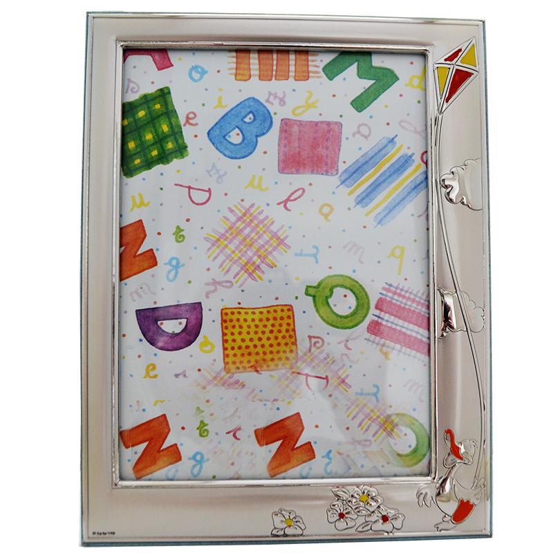 Cornice bimbo paperotto con aquilone in argento con retro in legno celeste. prima infanzia cornici