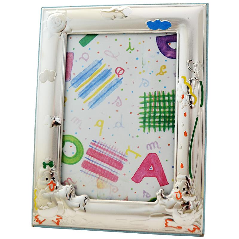 Cornice portafoto pulcini in legno celeste e argento 16x13. cornici prima infanzia