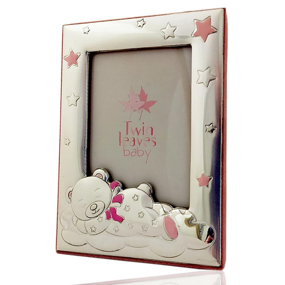 Cornice portafoto rosa orsetto che dorme in velluto e argento