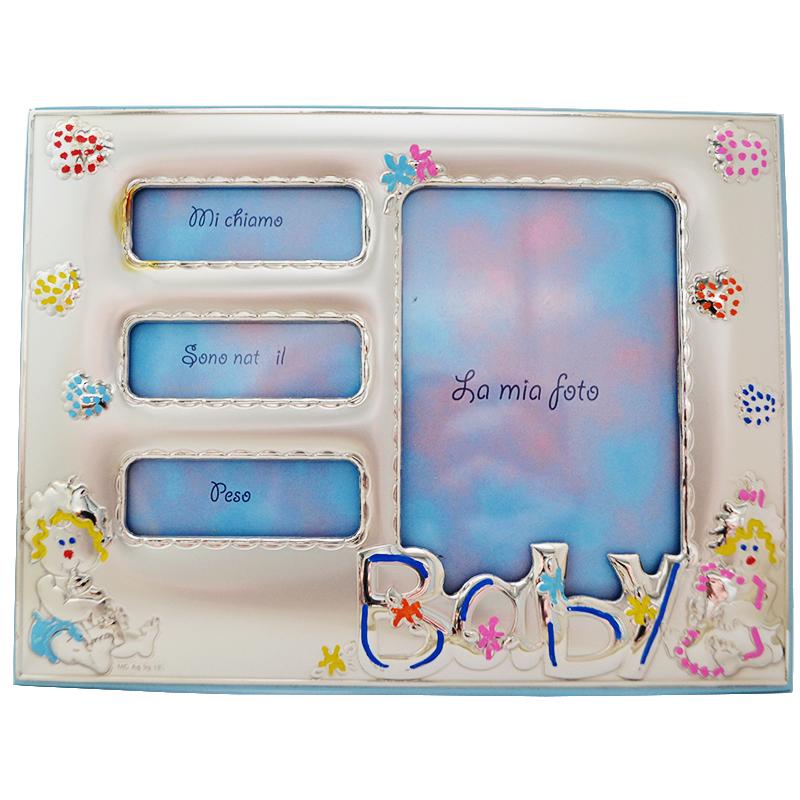 Cornice portafoto baby 12x17 da personalizzare legno celeste e argento. prima infanzia cornici