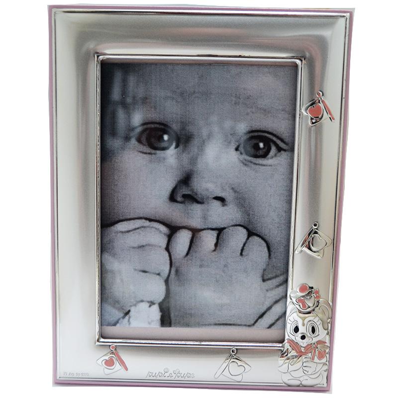 Cornice portafoto per bimba con orsacchiotta con bandierine in argento con retro in legno rosa 16x12. prima infanzia cornici