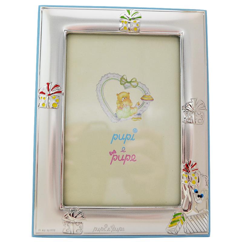 Cornice portafoto per bimbo con scimmietta con regali in argento con retro in legno celeste 16x12. prima infanzia cornici