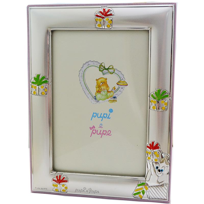 Cornice portafoto per bimba con scimmietta con regali in argento con retro in legno rosa 16x12. prima infanzia cornici