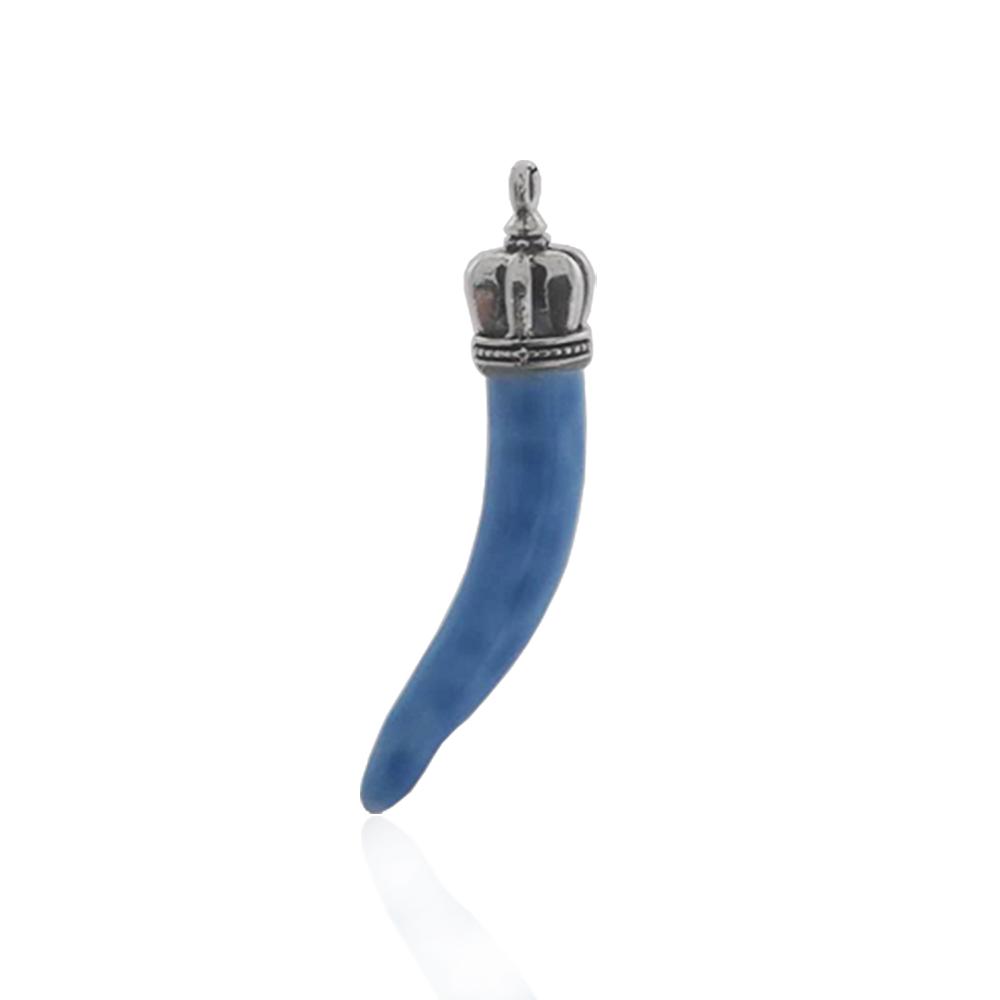 Ciondolo corno azzurro con corona mm 35 in acciaio e ceramica