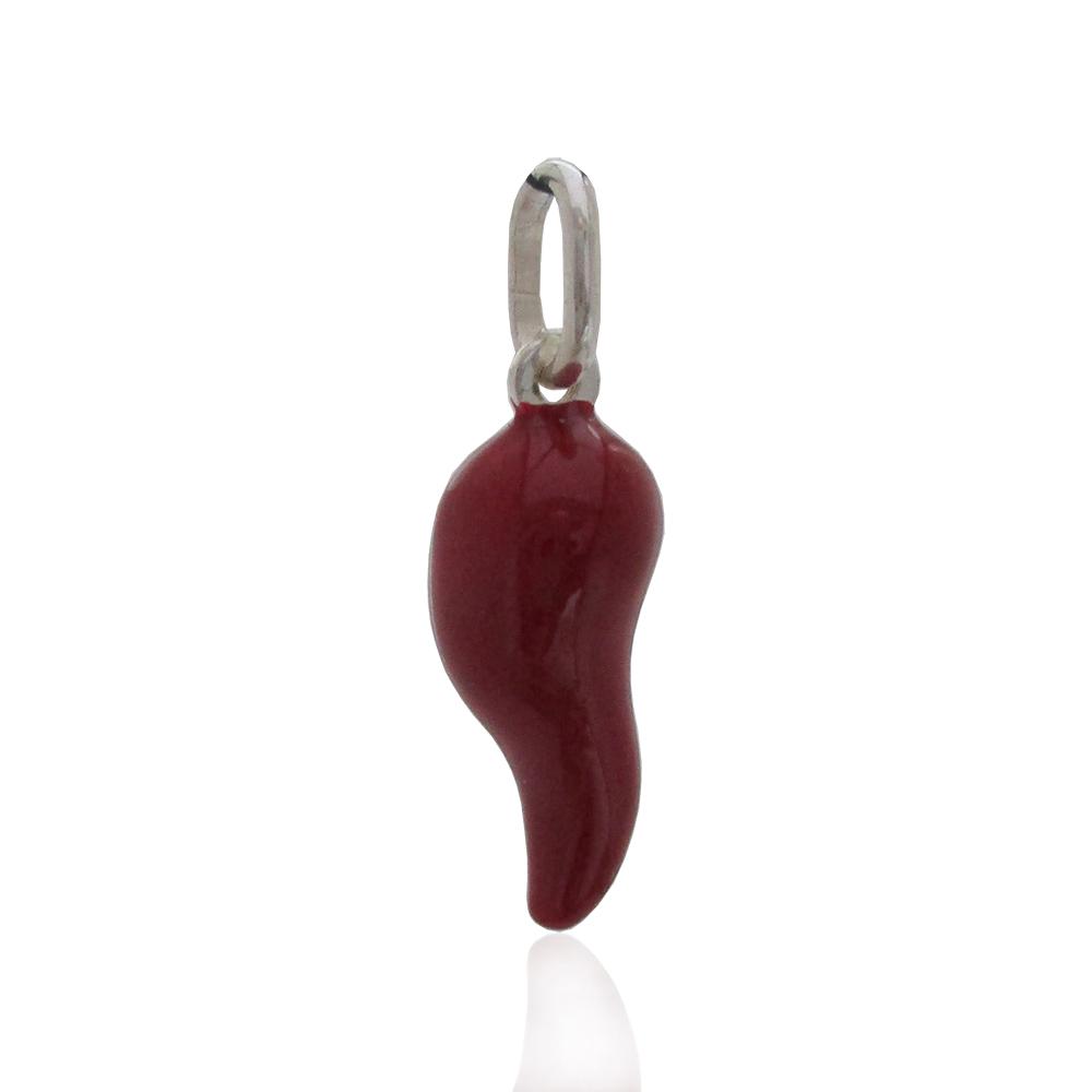 Ciondolo scaramantico corno panciuto mm 22 in argento 925 rodiato smaltato rosso