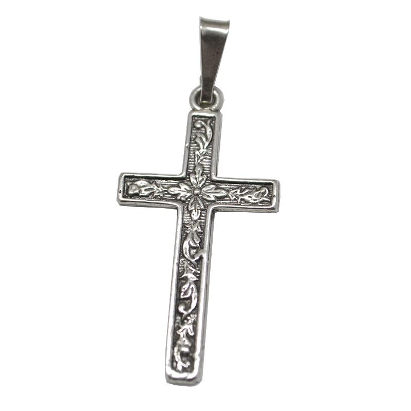 Ciondolo croce incisa con motivo floreale mm 40x20 in argento microfuso brunito titolo 800