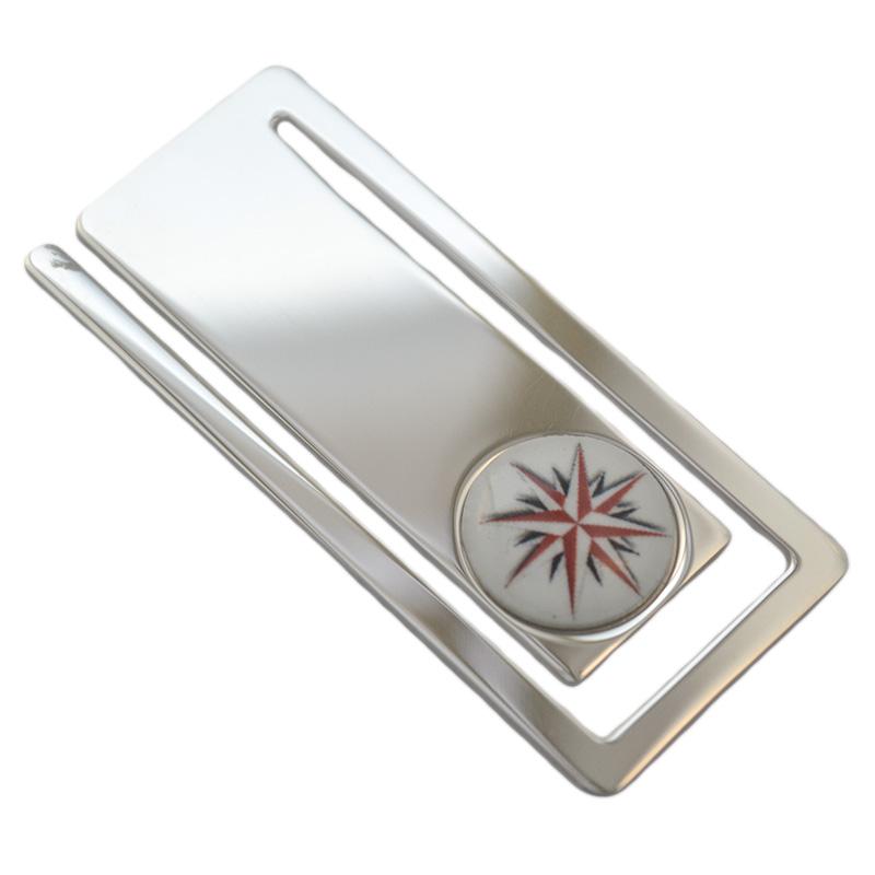 Fermasoldi rettangolare mm 56x24 in argento 925 rodiato con rosa dei venti in ceramica - incisione gratis