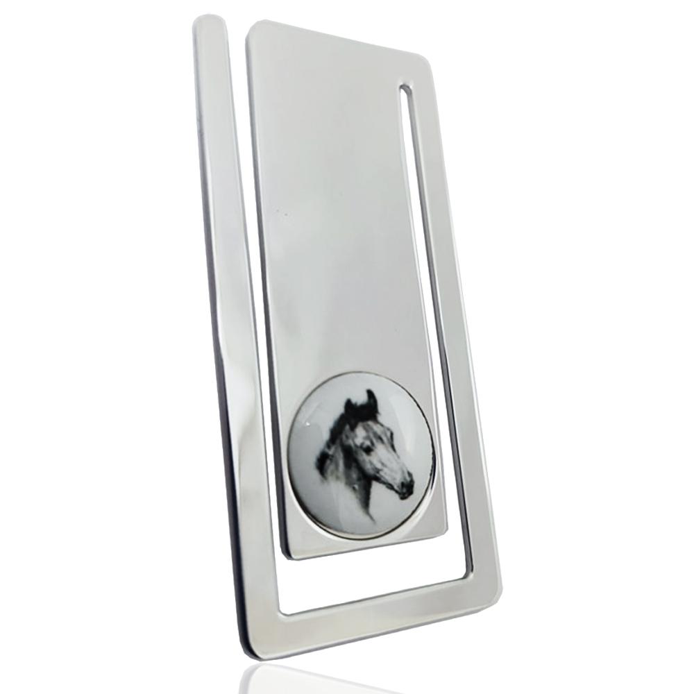 Fermasoldi rettangolare mm 56x24 in argento 925 rodiato con testa di cavallo in ceramica - incisione gratis-