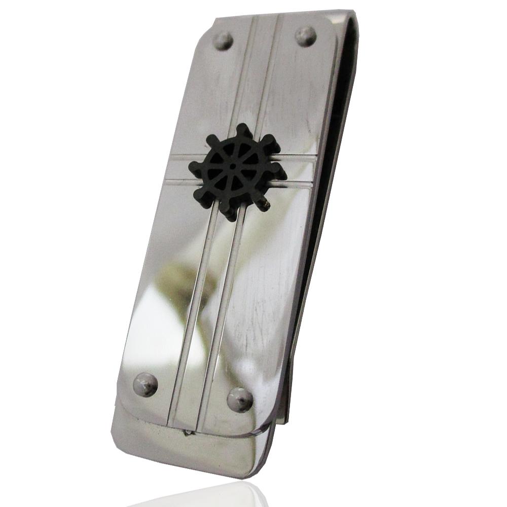 Fermasoldi in acciaio lucido mm 46x14 con timone placcato rutenio centrale - personalizzabile -
