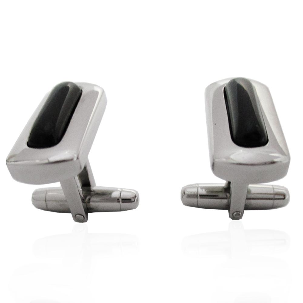 Gemelli rettangolari mm 20x9 in acciaio lucido con inserto in pietra nera onice cabochon