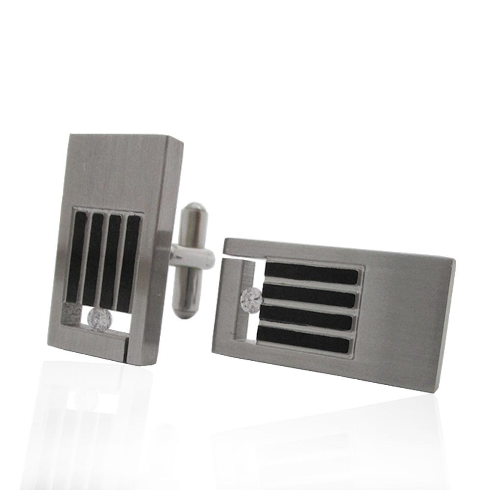 Gemelli rettangolari mm 26x14 in acciaio satinato con inserti neri e zircone bianco