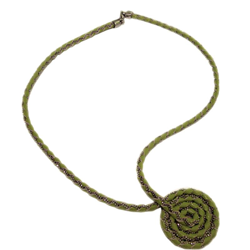 Collana girocollo spirale cm 40 in pelle verde e argento 925 rodiato