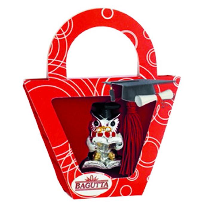 Statuina gufo su libro che legge in astuccio shopper in resina laminato argento