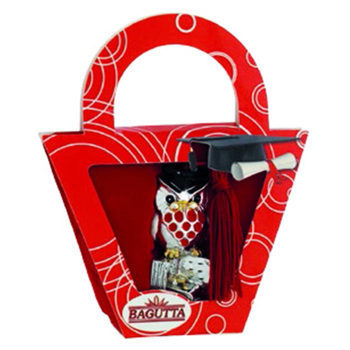 Statuina gufo su libri in astuccio shopper in resina laminato argento