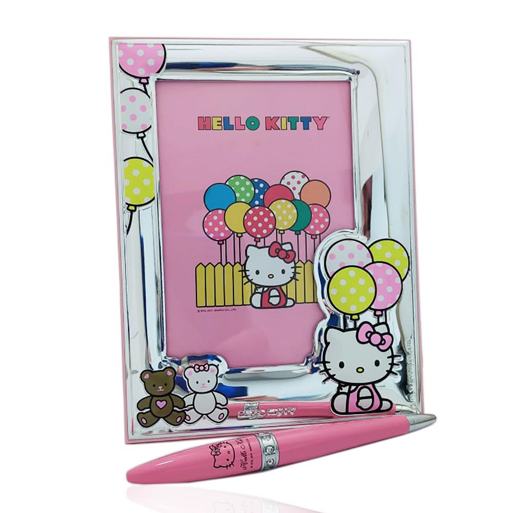 Hello kitty set cornice portafoto in legno rosa e argento con penna con swarovski