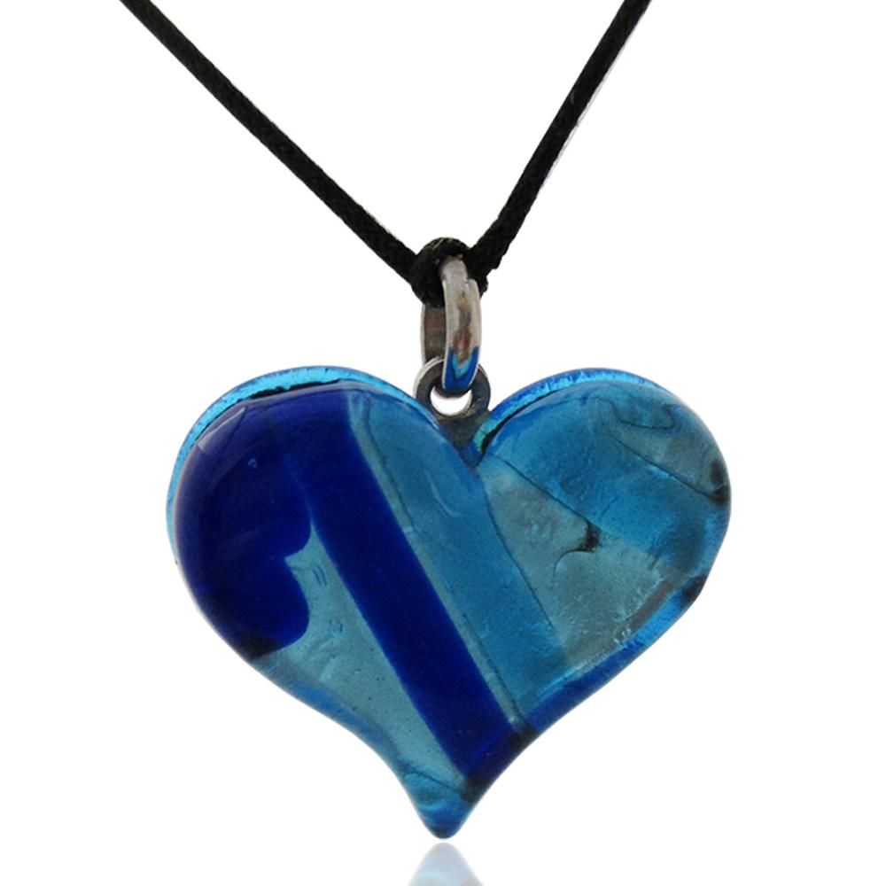 Collana in seta cerata nera con ciondolo cuore mm 30x34 in vetro di murano sfumature d'azzurro