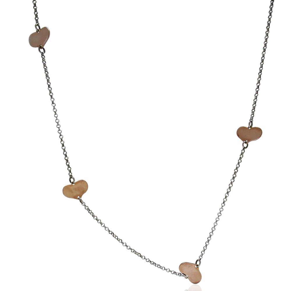 Laccio rolo' cm 90 in argento 925 rodiato con cuori mm 10x15 placcati oro rosa