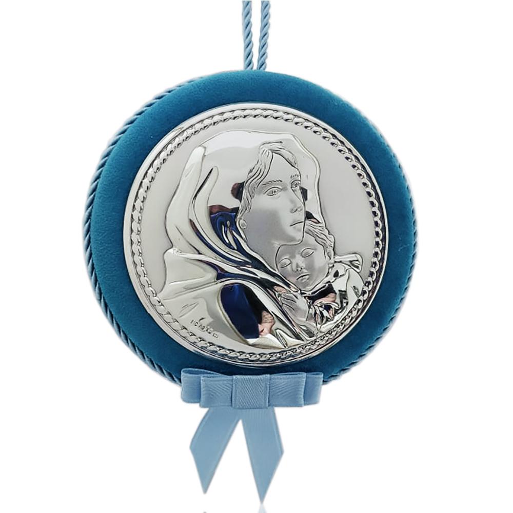 Medaglione capoculla azzurro cm 11 madonna con bimbo laminata argento
