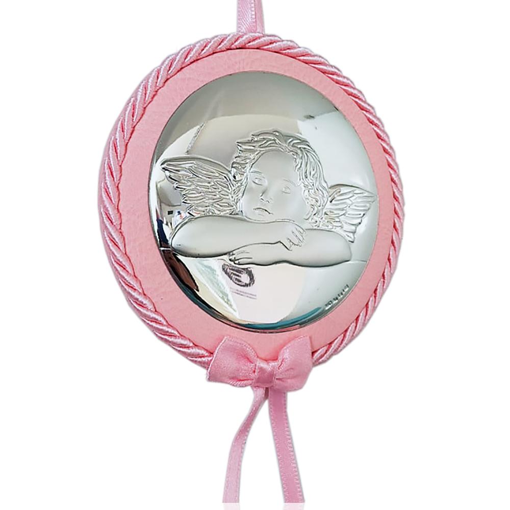 Capoculla medaglione rosa tondo cm 10 angelo puttino laminato argento