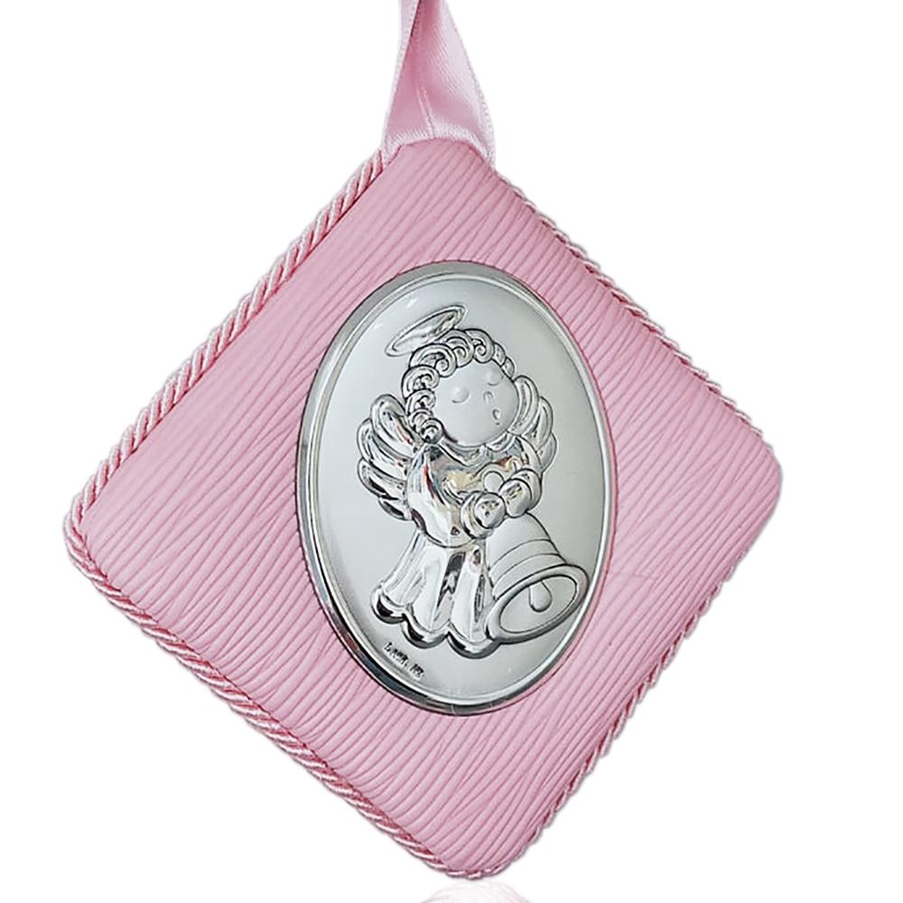Capoculla medaglione rosa a rombo cm 12x12 angelo con campana laminato argento