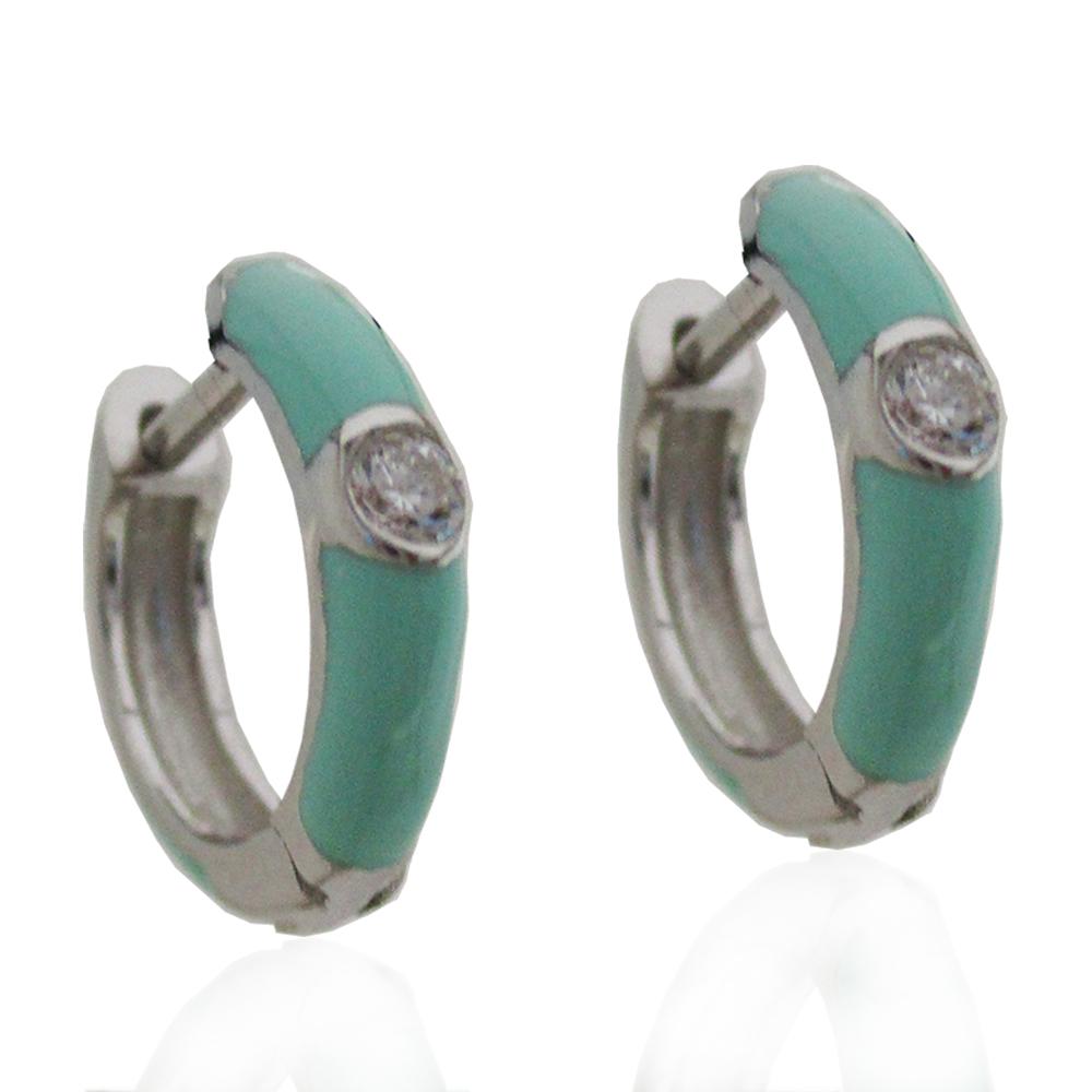 Orecchini a cerchio mm 14 in argento 925 rodiato con zircone e smalto verde tiffany